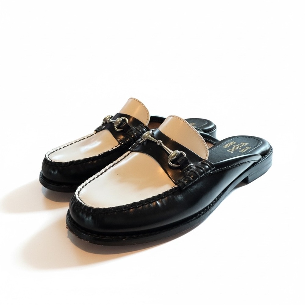 GH Bass Weejuns Lianna Mule Black White Leather Bit Loafer Slides BAX1W037 7M